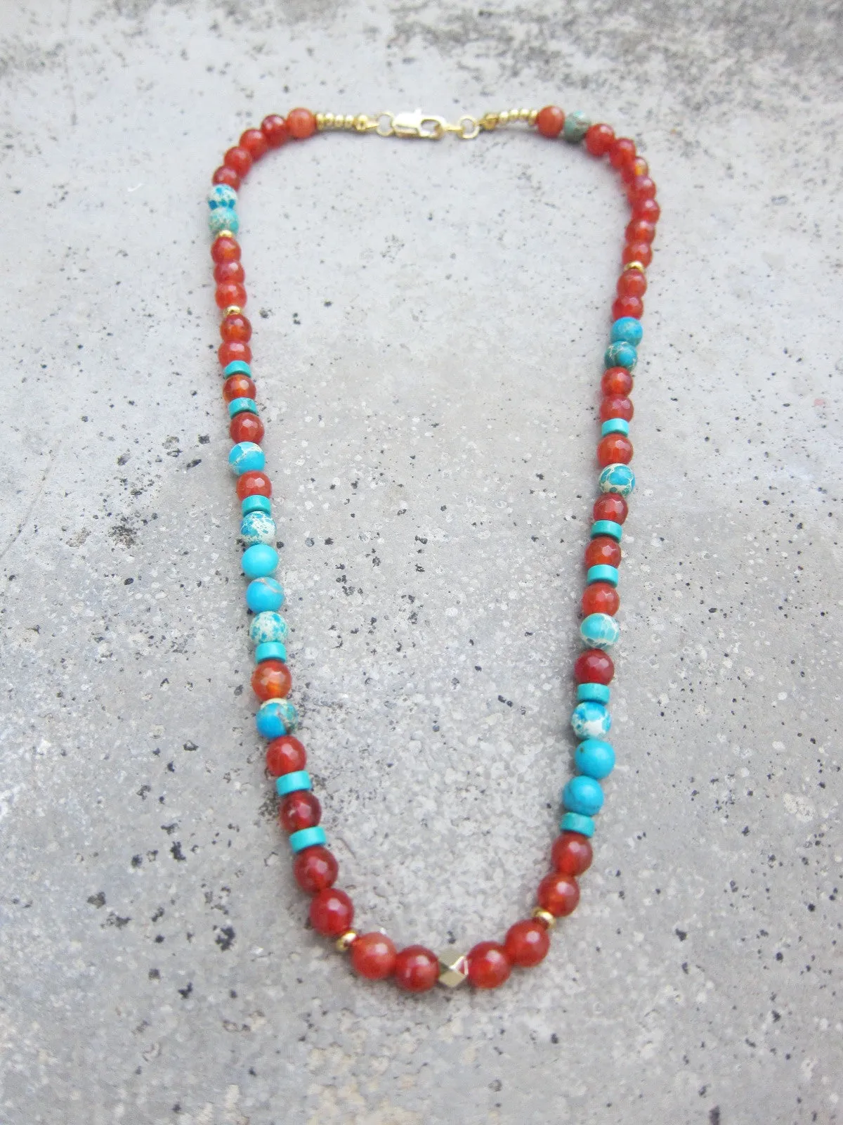 Carnelian and Aqua Turquoise Jasper Choker Necklace in 14K Gold Vermeil Finished