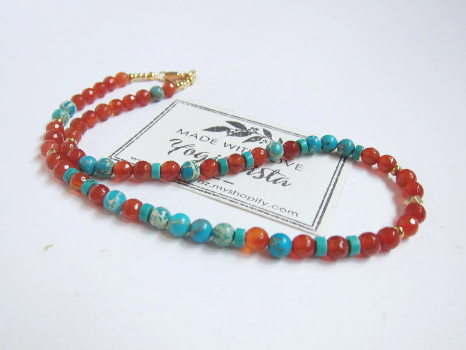 Carnelian and Aqua Turquoise Jasper Choker Necklace in 14K Gold Vermeil Finished