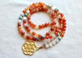 Carnelian, Peruvian Turquoise, Moonstone Mala Necklace - Vitality and Prosperity