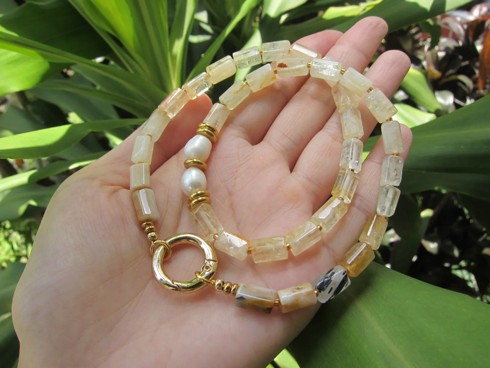 Citrine Quartz and Baroque Freshwater Pearl Statement Necklace