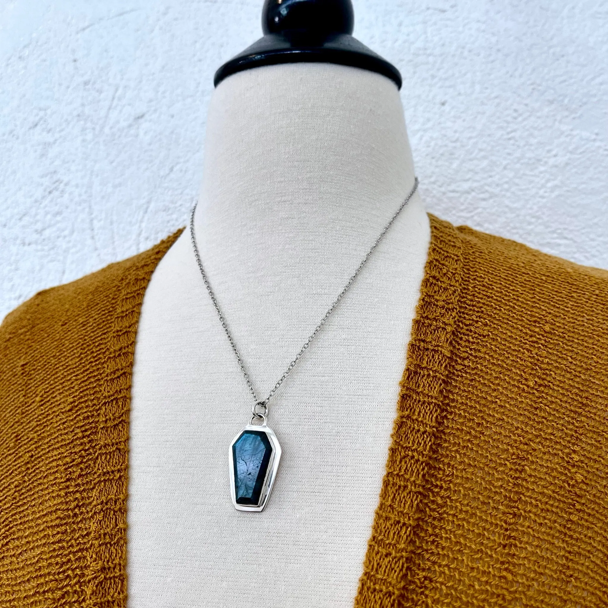 Crystal Coffin Necklace in Sterling Silver- Black Onyx, Labradorite or Silver Sheen Obsidian -Designed by FOXLARK Collection