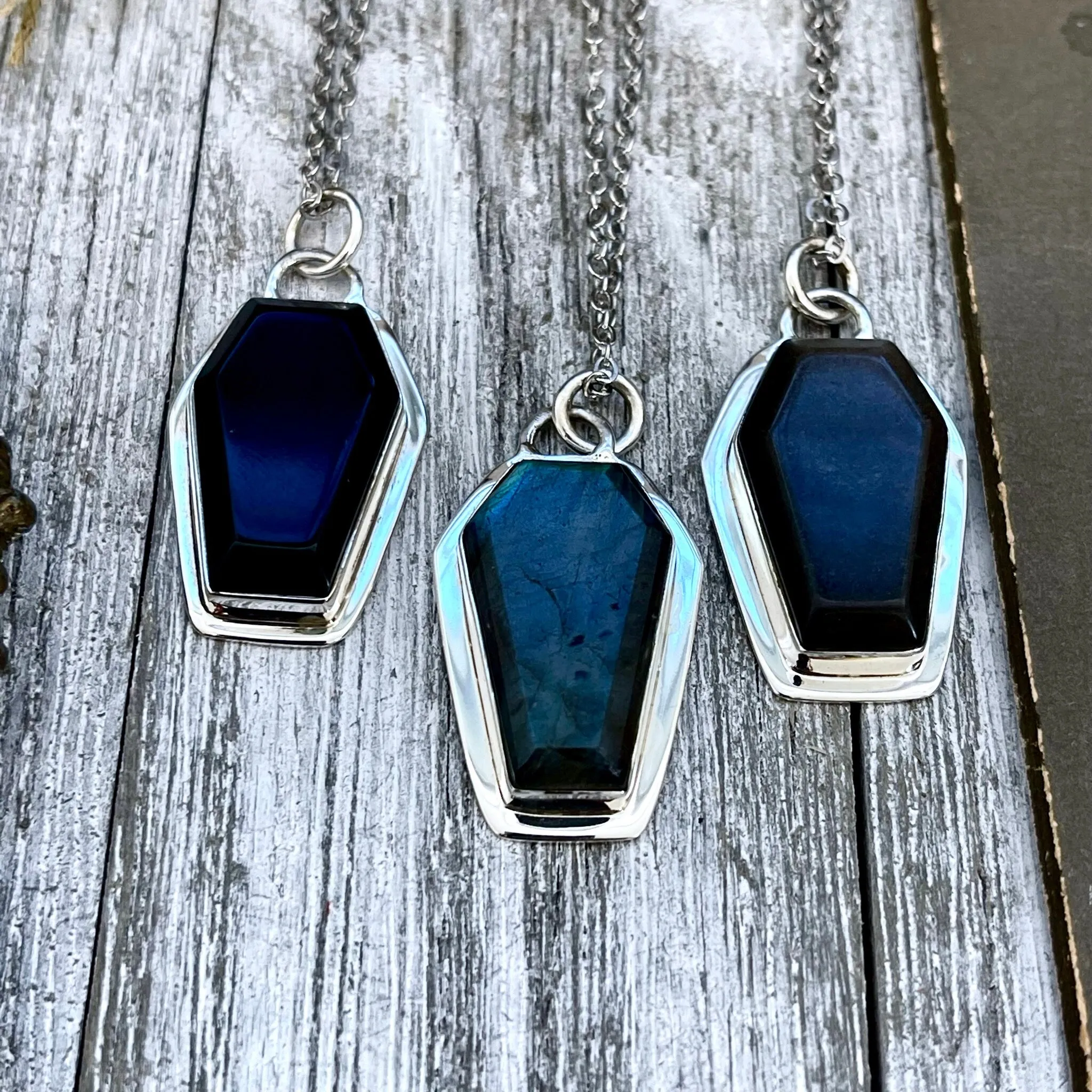 Crystal Coffin Necklace in Sterling Silver- Black Onyx, Labradorite or Silver Sheen Obsidian -Designed by FOXLARK Collection