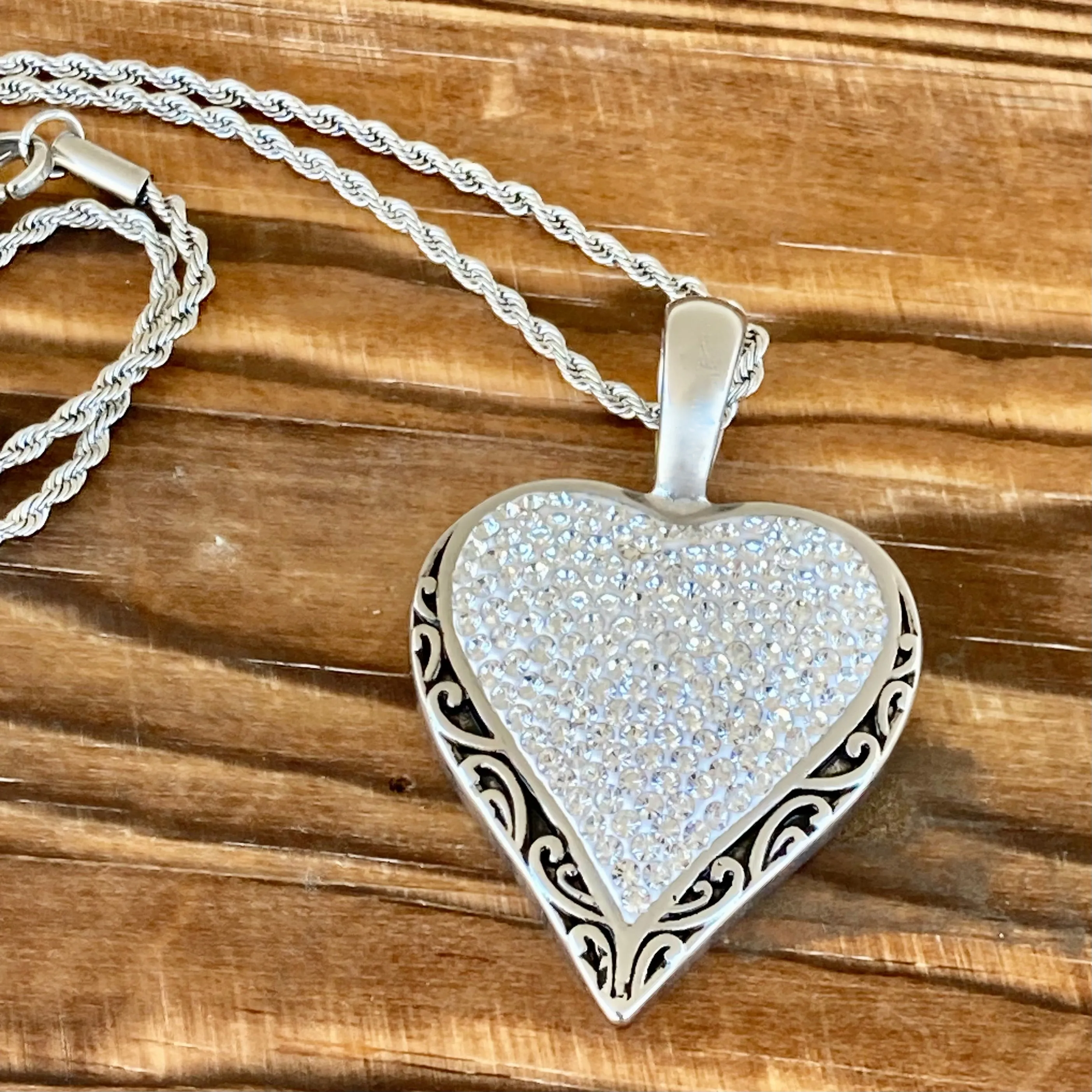 Crystal Heart Pendant - White - Rope Necklace or Omega - AJ01