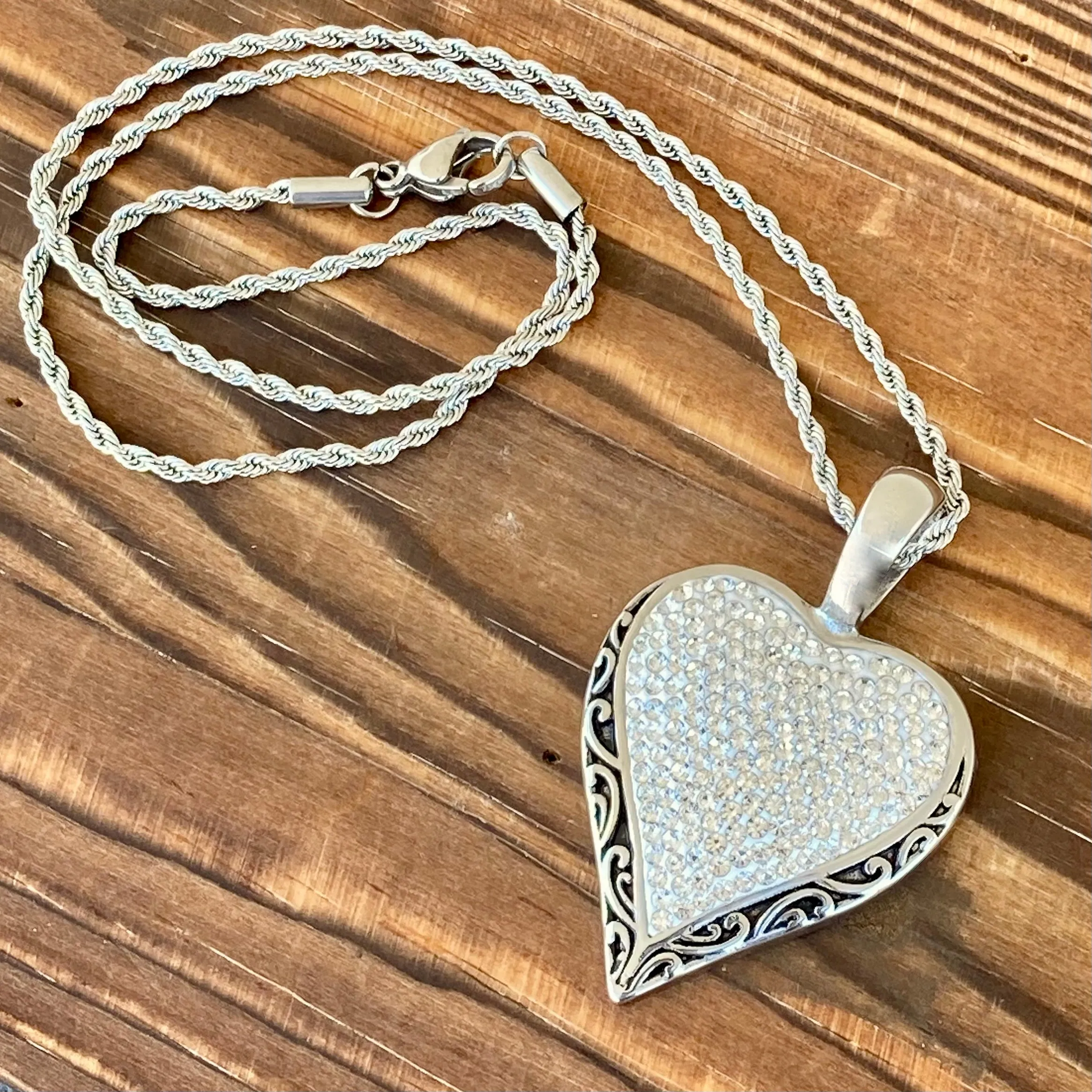 Crystal Heart Pendant - White - Rope Necklace or Omega - AJ01