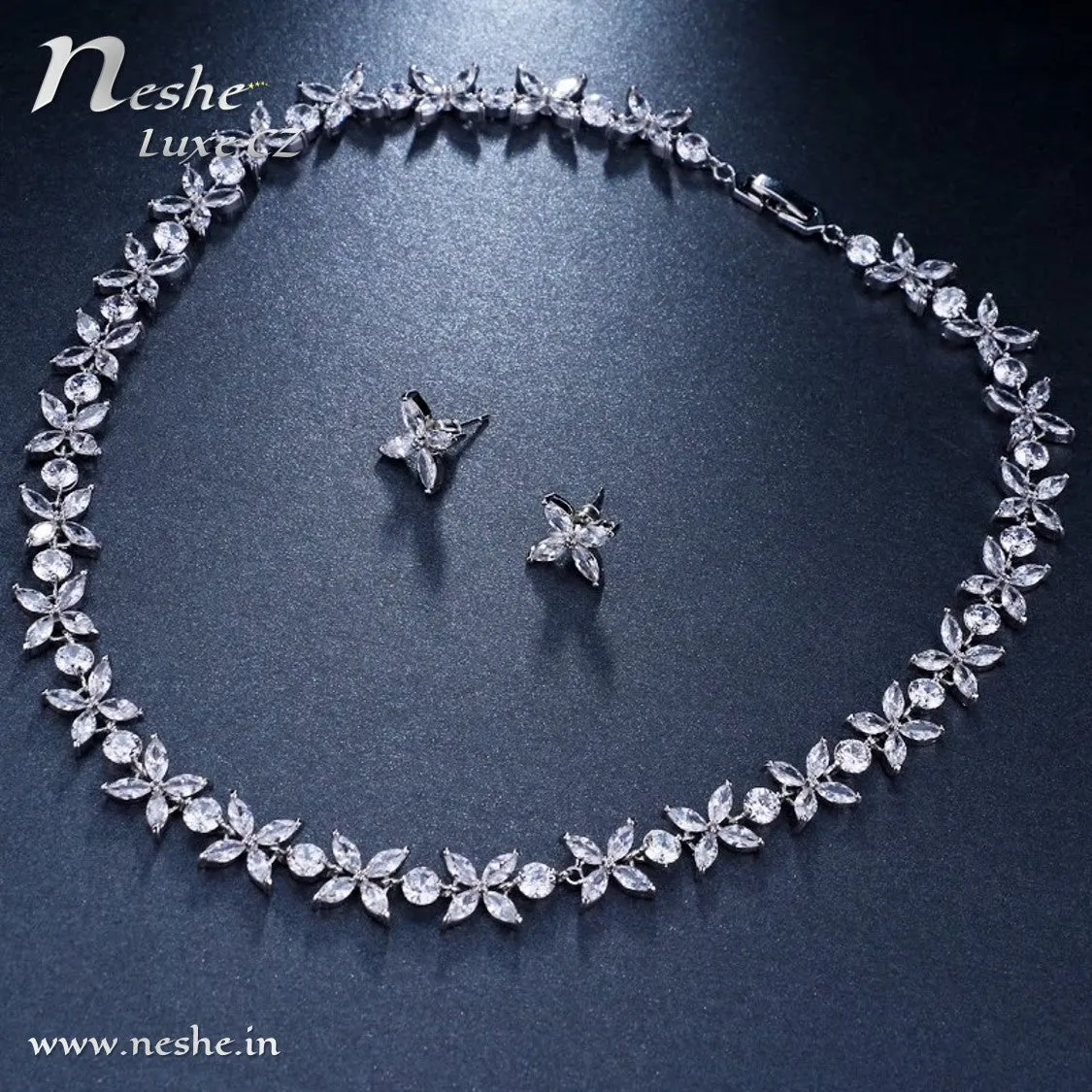 CZ Flowers Silver Choker Necklace Jewelry Set