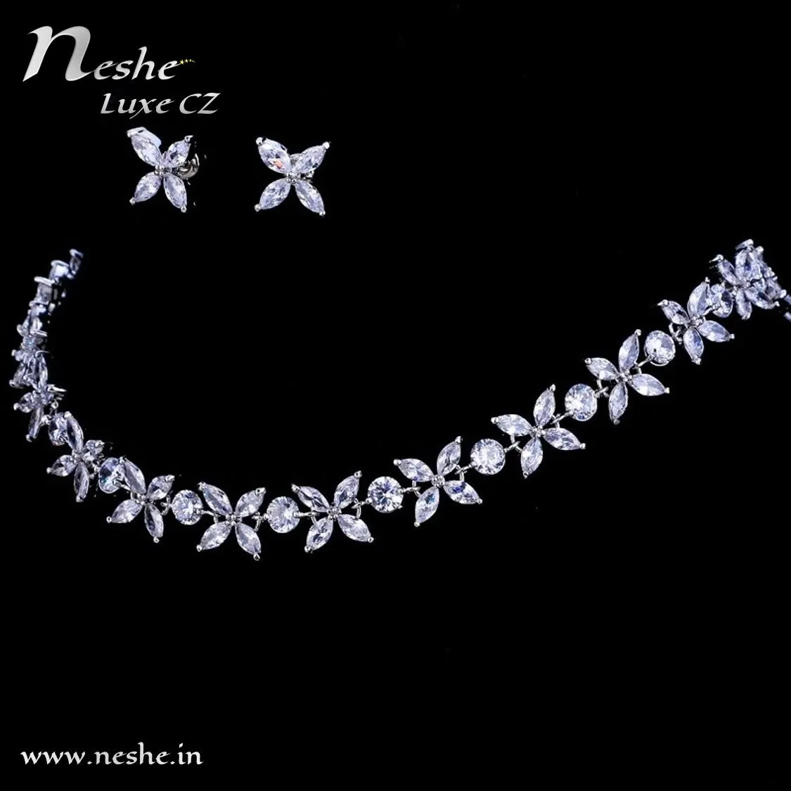 CZ Flowers Silver Choker Necklace Jewelry Set