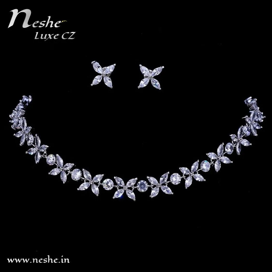 CZ Flowers Silver Choker Necklace Jewelry Set