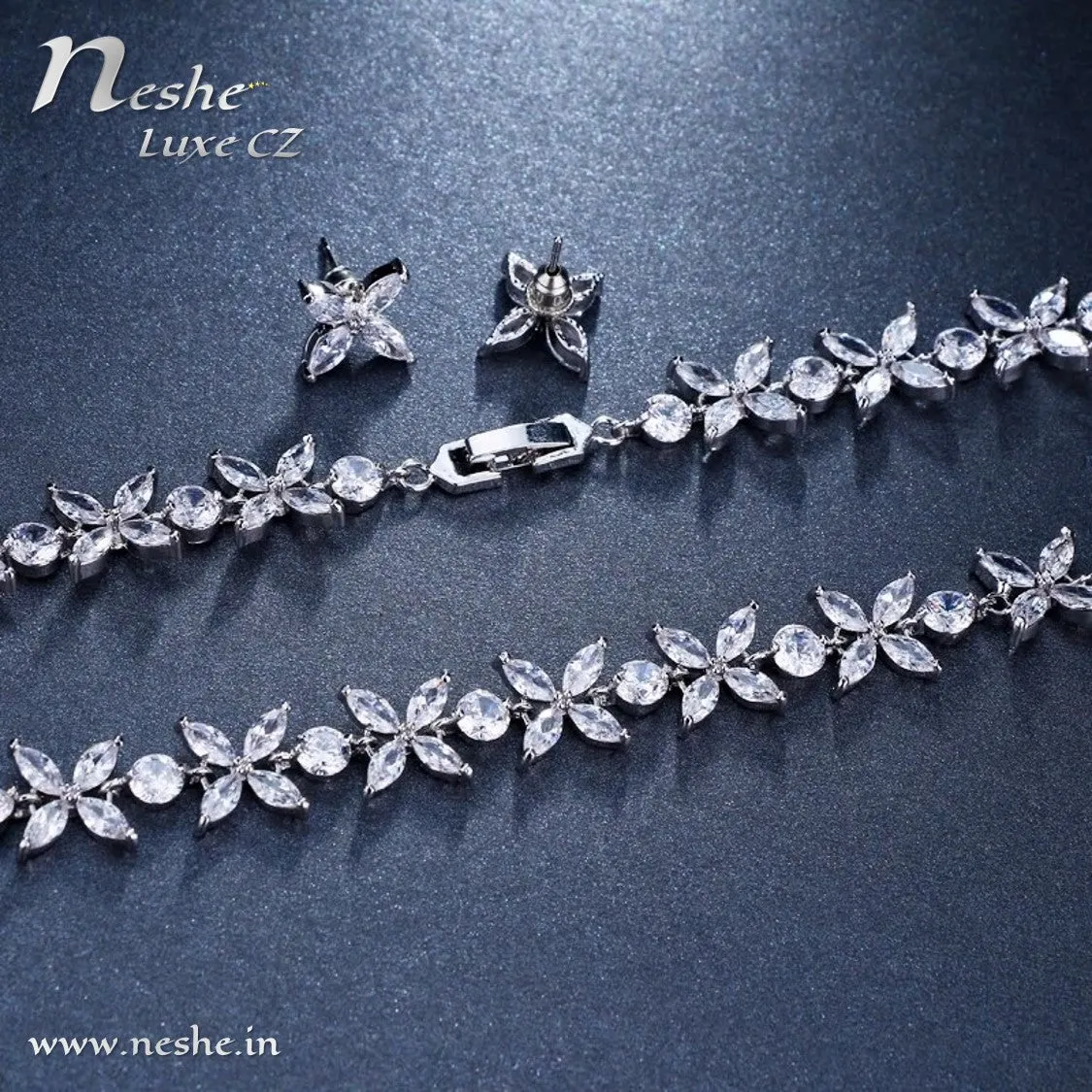 CZ Flowers Silver Choker Necklace Jewelry Set