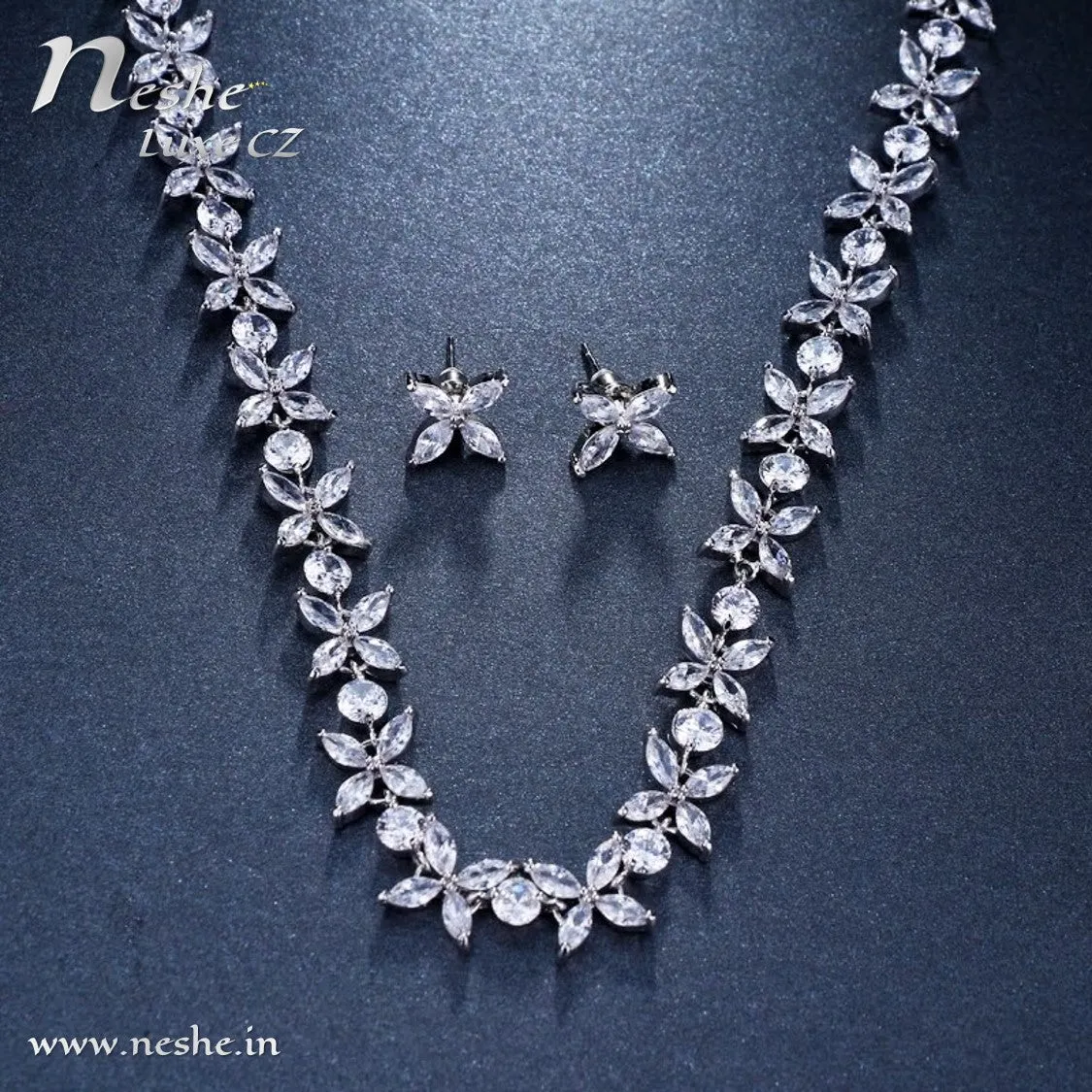 CZ Flowers Silver Choker Necklace Jewelry Set