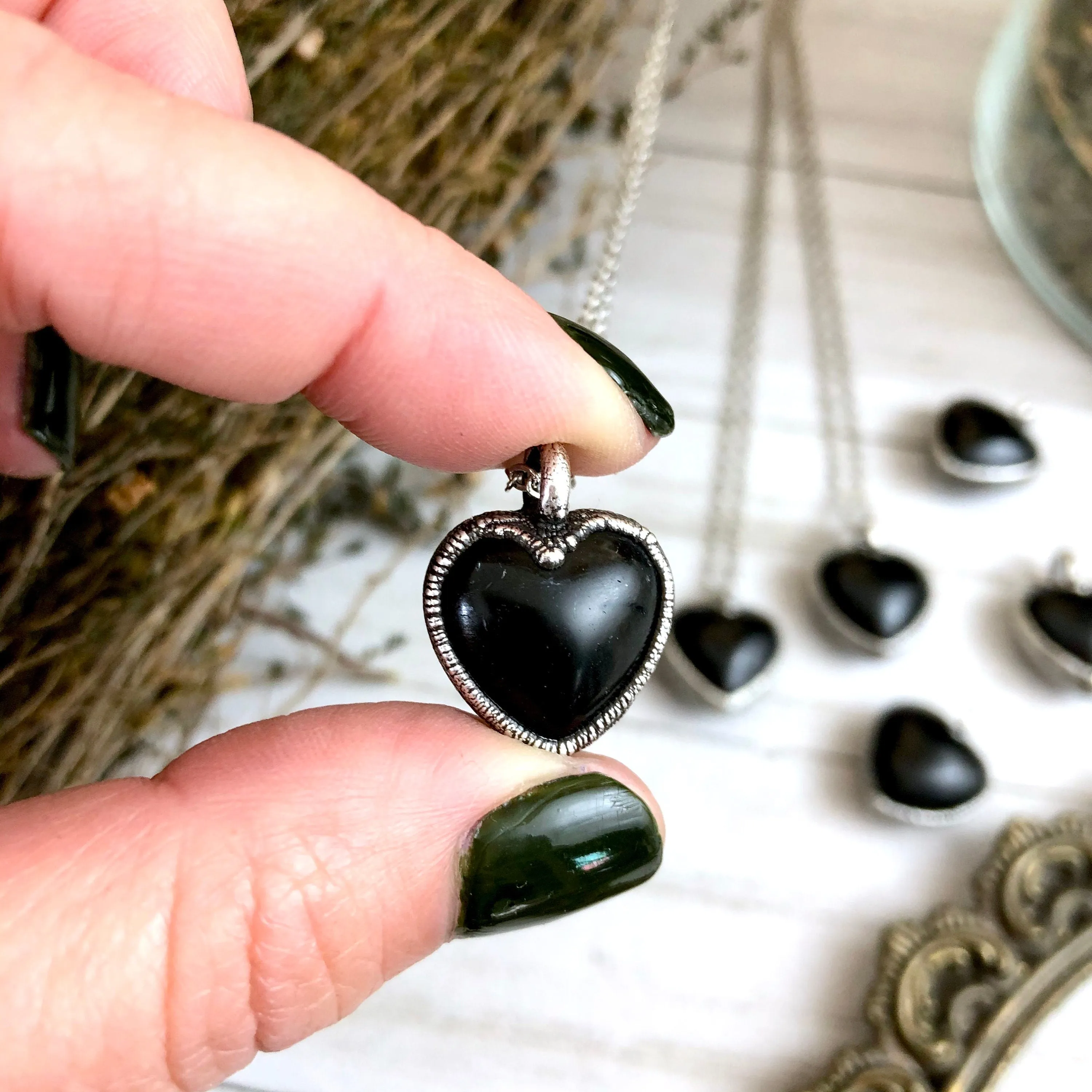 Dainty Obsidian Necklace Silver Crystal Heart Necklace Pendant /