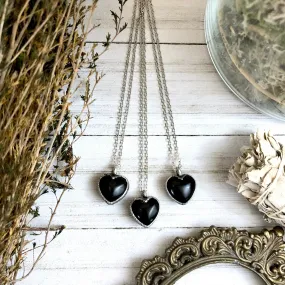 Dainty Obsidian Necklace Silver Crystal Heart Necklace Pendant /