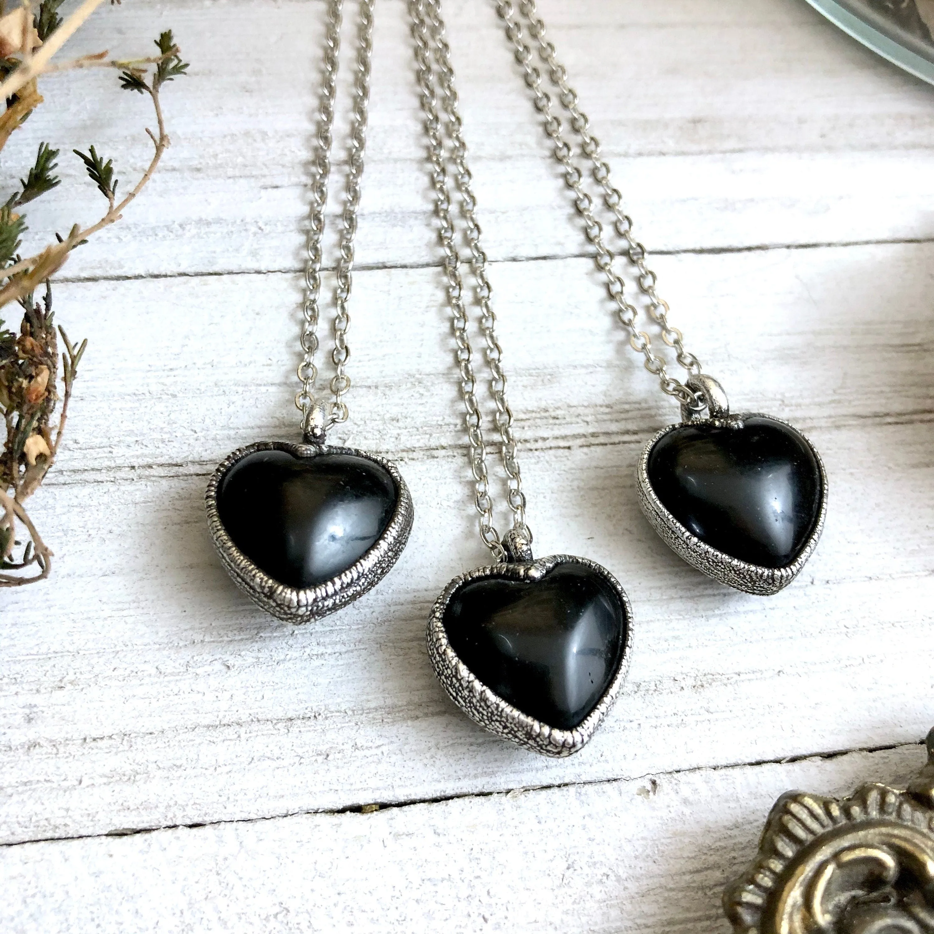 Dainty Obsidian Necklace Silver Crystal Heart Necklace Pendant /