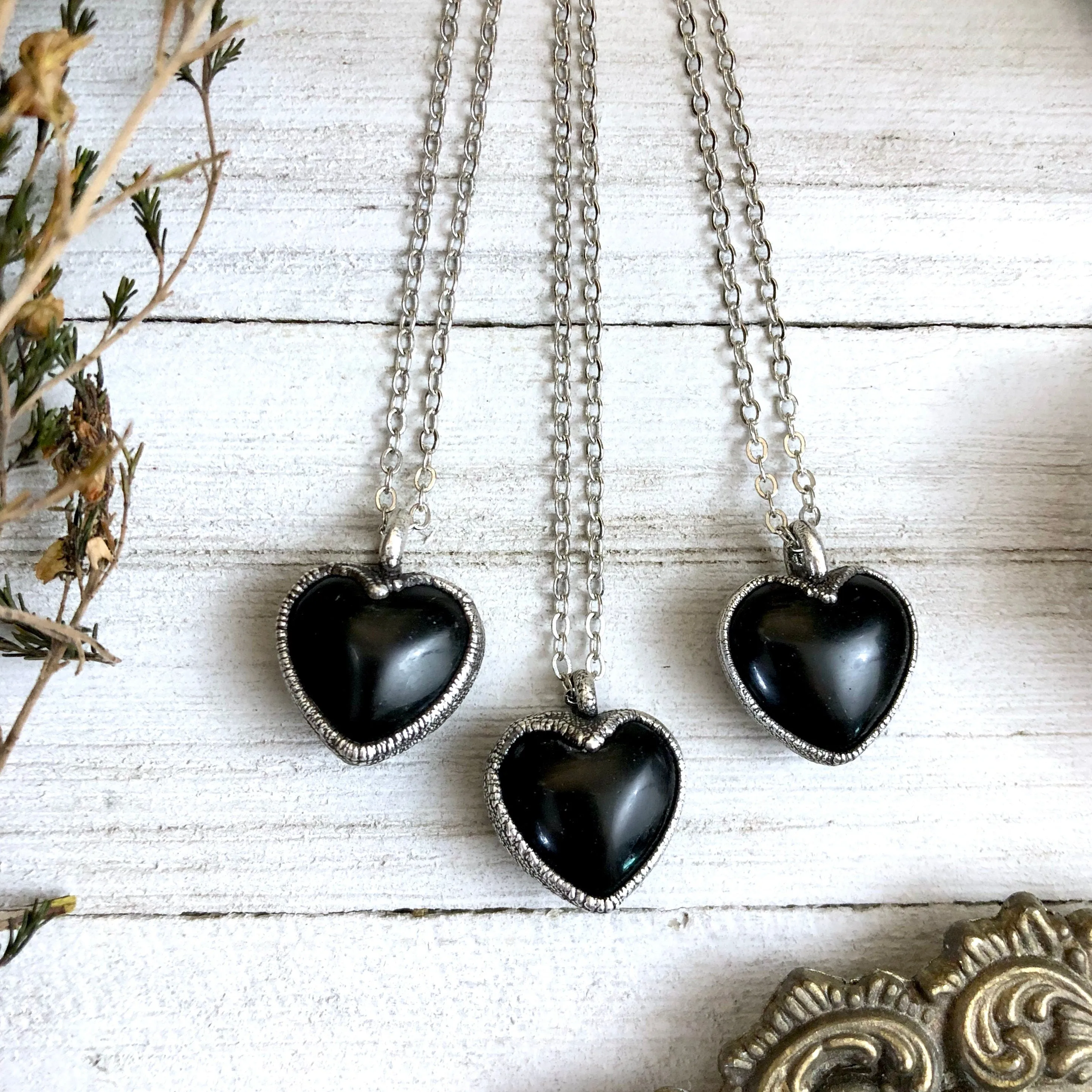 Dainty Obsidian Necklace Silver Crystal Heart Necklace Pendant /