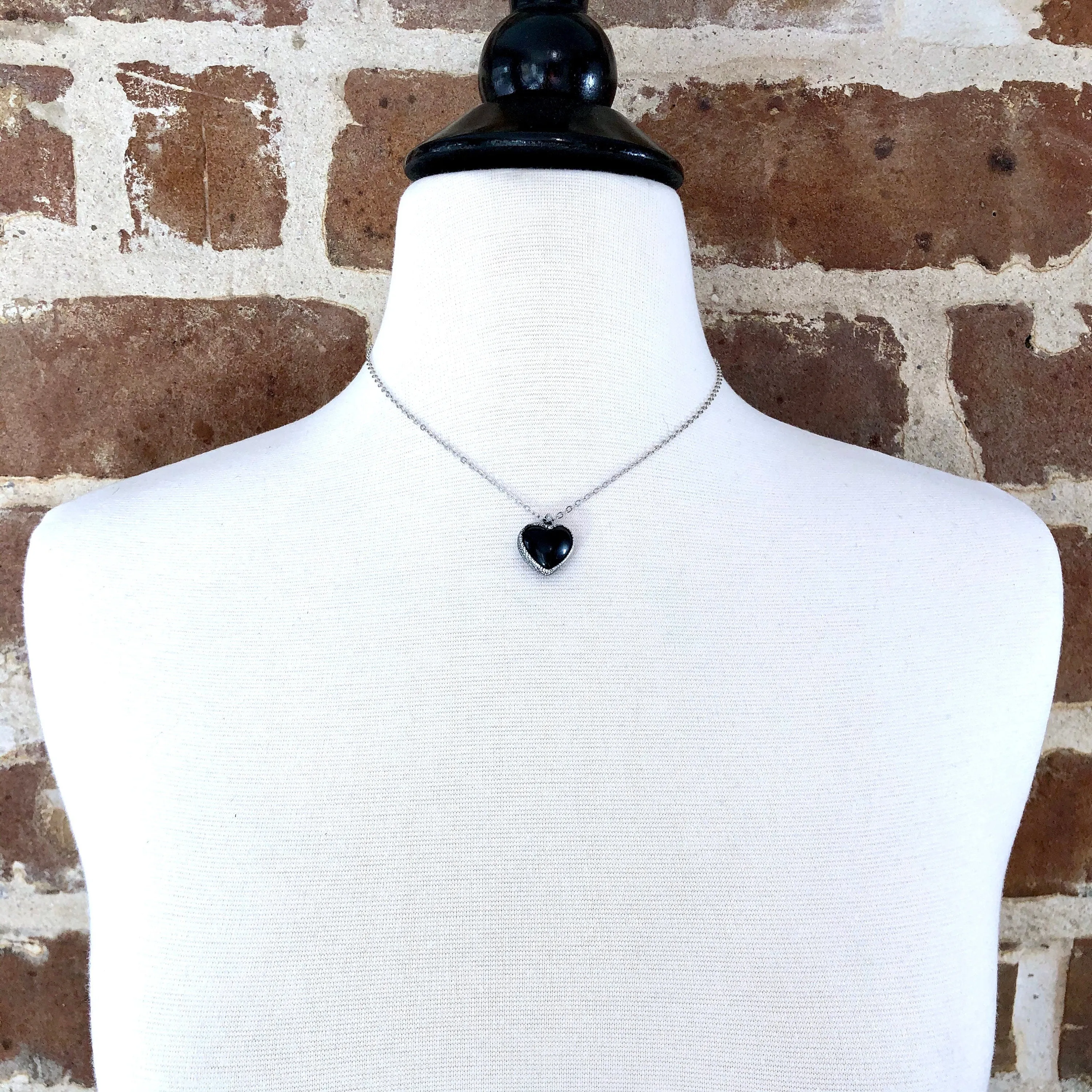 Dainty Obsidian Necklace Silver Crystal Heart Necklace Pendant /