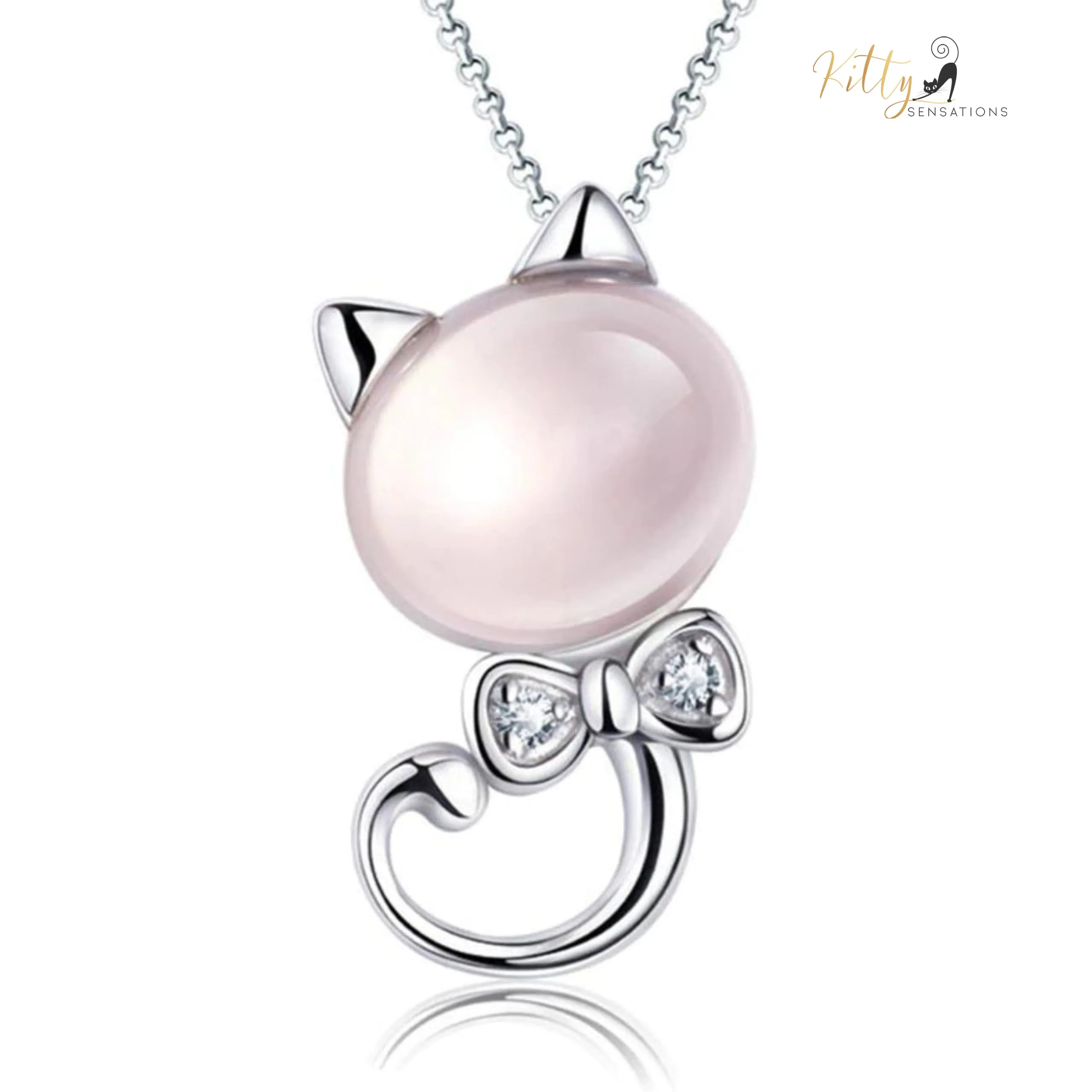 Delicate Tea Pink Crystal Cat Pendant Necklace in Solid 925 Sterling Silver