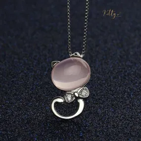 Delicate Tea Pink Crystal Cat Pendant Necklace in Solid 925 Sterling Silver