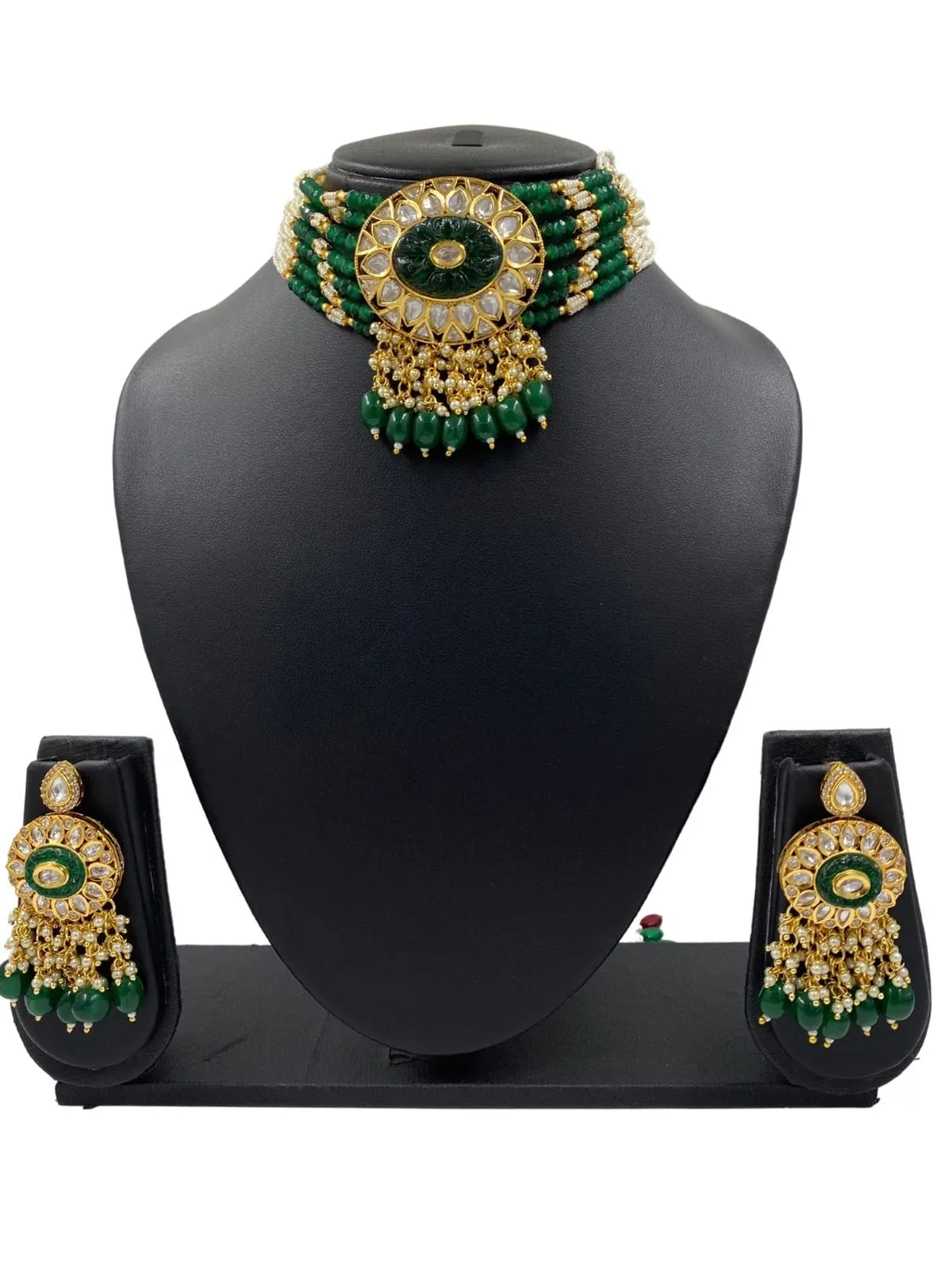 Designer Handcrafted Green Stone And Pearl Statement Choker Set For Women By Gehna Shop