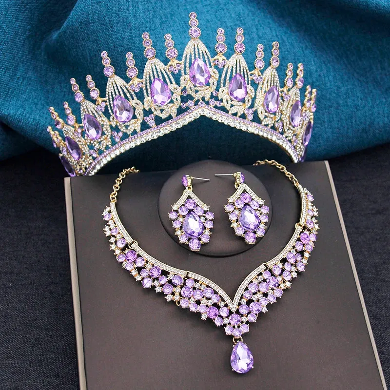 Elegant 3 Pcs Set Tiara Crown Necklace and Earrings for Women Fashion Jewelry Sets