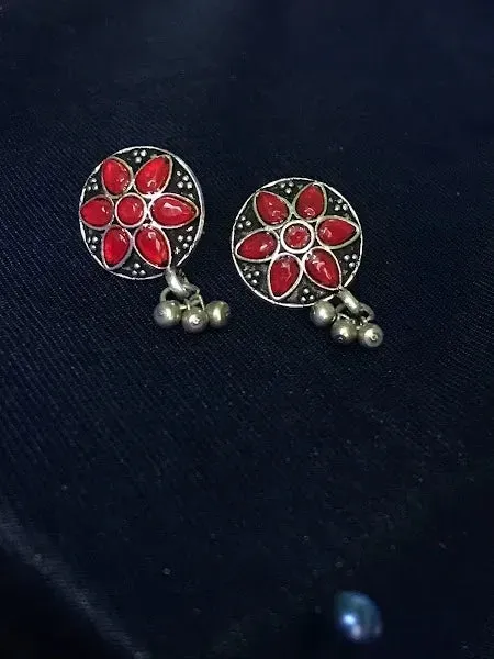 Ethnic Silver Plated Red Color Stone German Silver Stud Earrings