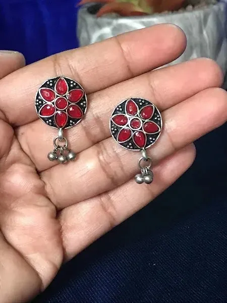 Ethnic Silver Plated Red Color Stone German Silver Stud Earrings