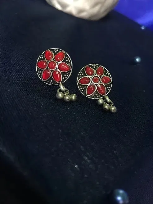 Ethnic Silver Plated Red Color Stone German Silver Stud Earrings