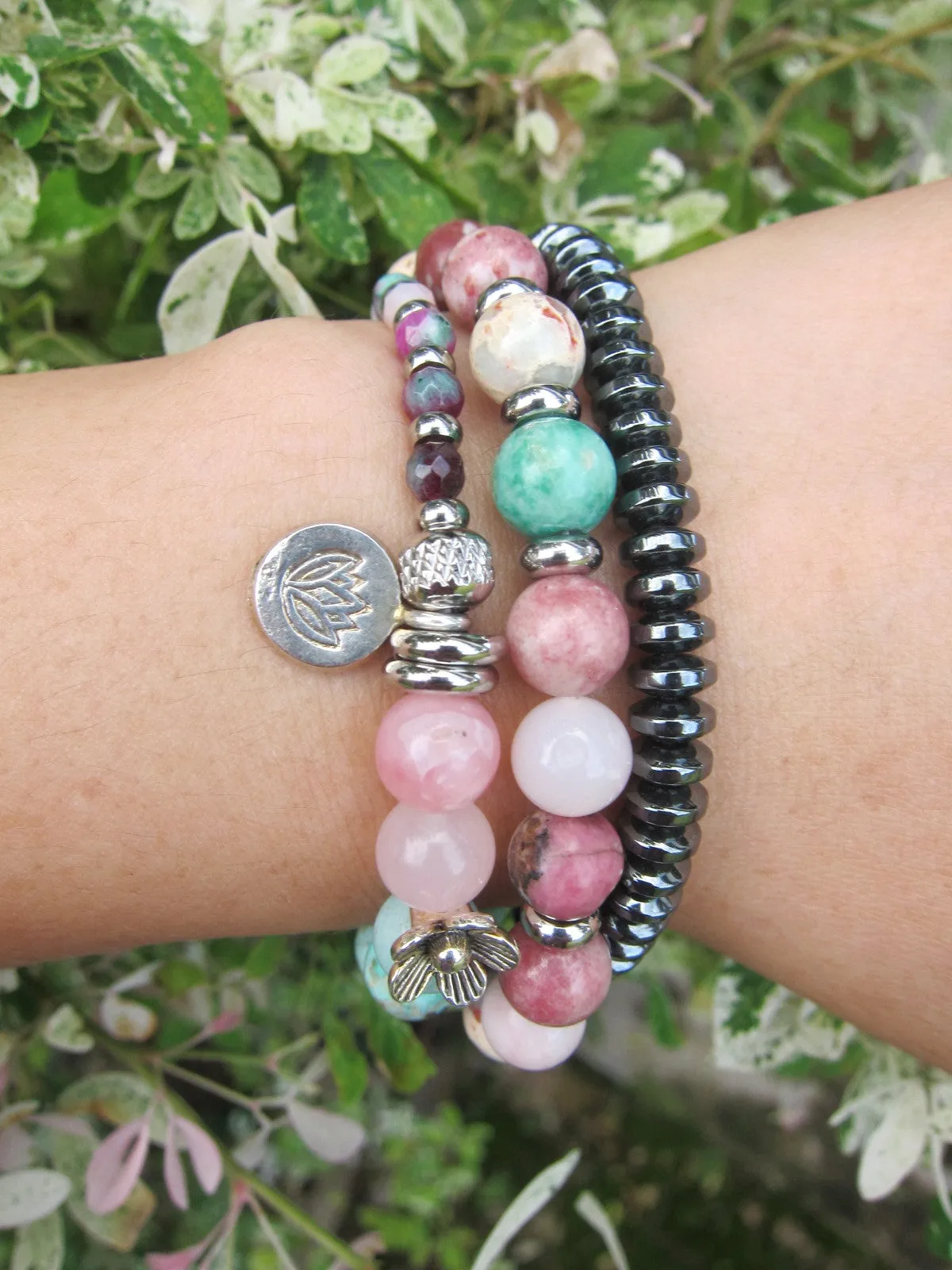 Female Goddess Mala Bracelet for Fertility, Balance, Empowerment w/ stainless steel Lotus Charm