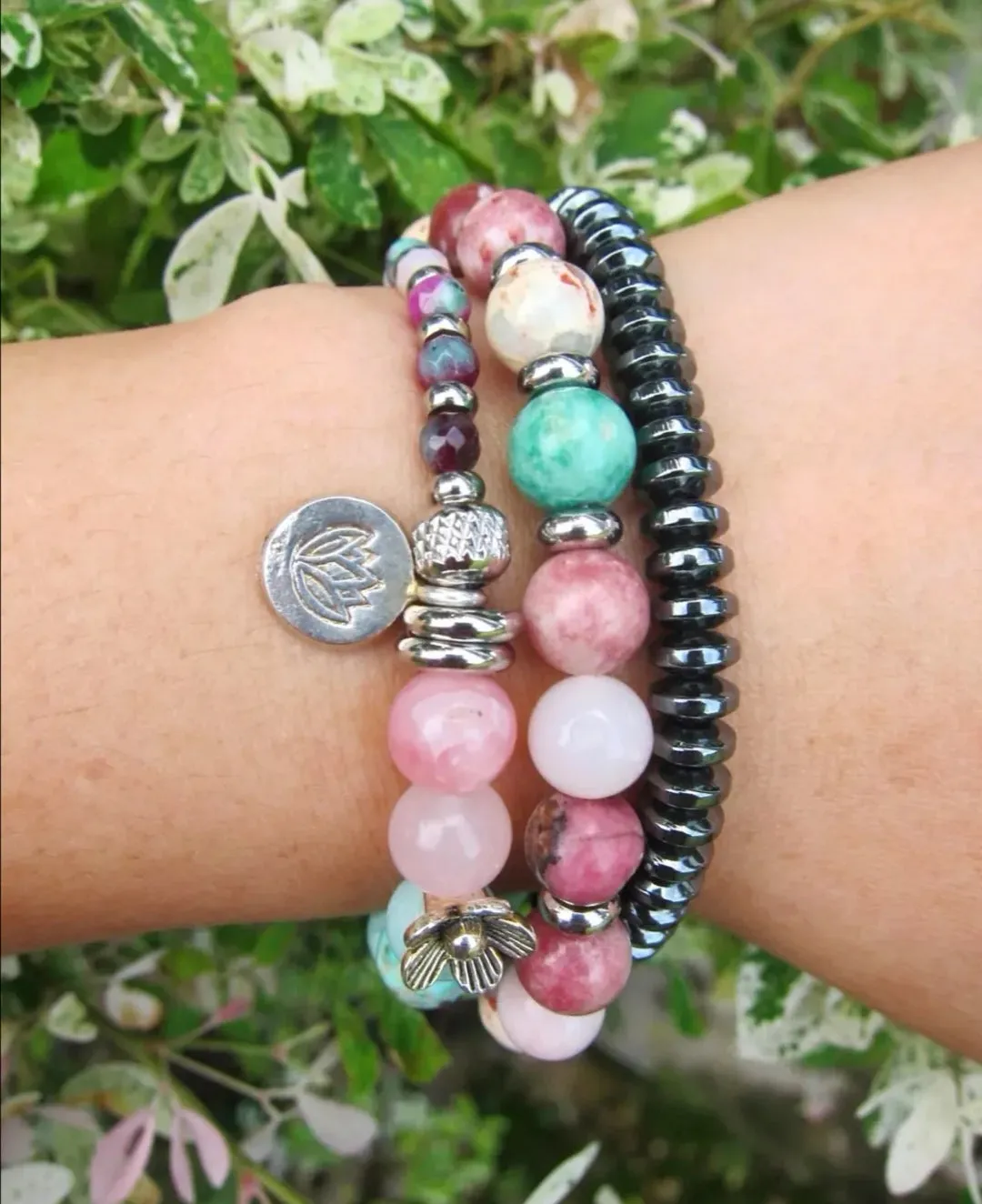 Female Goddess Mala Bracelet for Fertility, Balance, Empowerment w/ stainless steel Lotus Charm