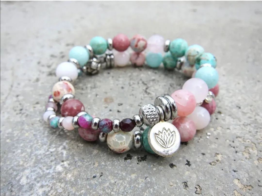 Female Goddess Mala Bracelet for Fertility, Balance, Empowerment w/ stainless steel Lotus Charm