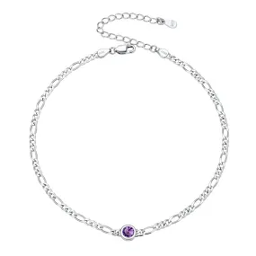 Figaro Anklets for Women, Sterling Silver Diamond Cut 3mm Link Chain Ankle Bracelet with Round Birthstone, Length 8.5-10.5