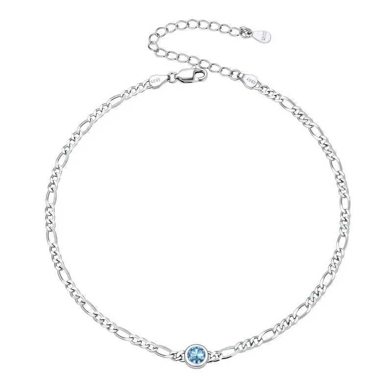 Figaro Anklets for Women, Sterling Silver Diamond Cut 3mm Link Chain Ankle Bracelet with Round Birthstone, Length 8.5-10.5