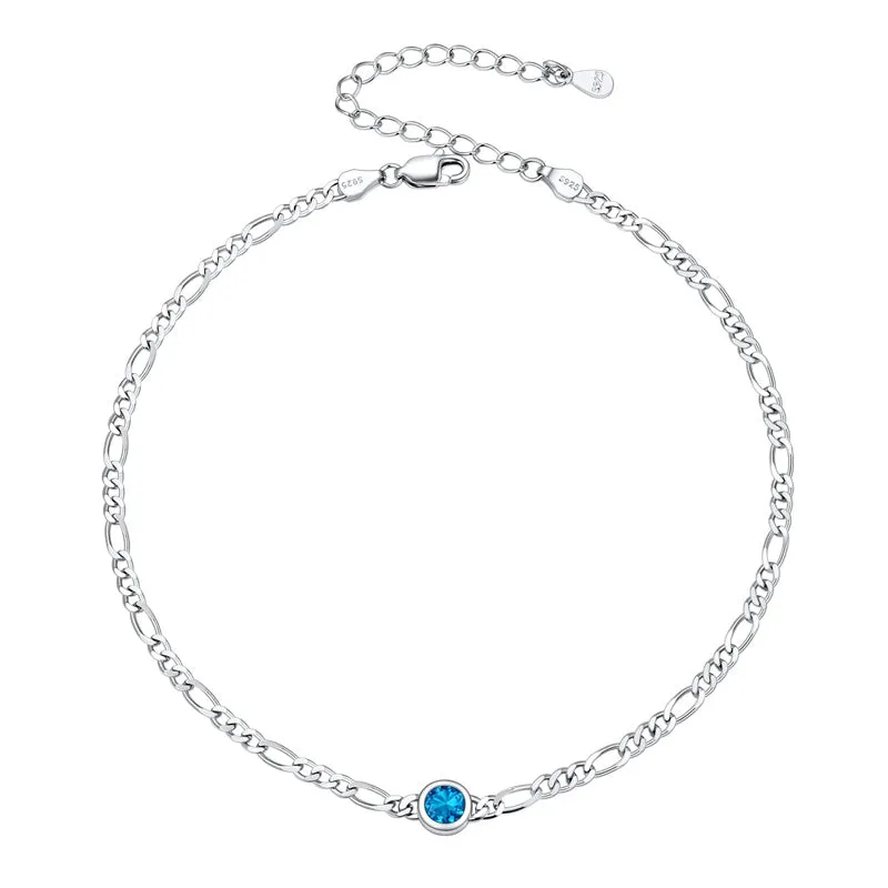 Figaro Anklets for Women, Sterling Silver Diamond Cut 3mm Link Chain Ankle Bracelet with Round Birthstone, Length 8.5-10.5