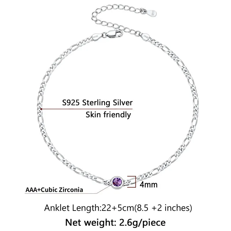 Figaro Anklets for Women, Sterling Silver Diamond Cut 3mm Link Chain Ankle Bracelet with Round Birthstone, Length 8.5-10.5