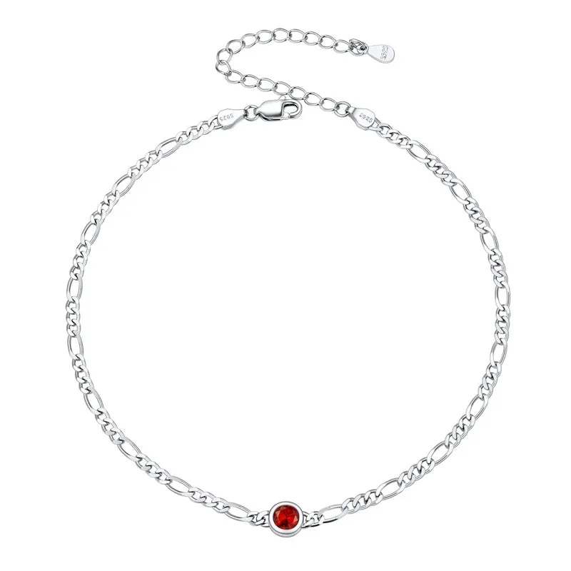 Figaro Anklets for Women, Sterling Silver Diamond Cut 3mm Link Chain Ankle Bracelet with Round Birthstone, Length 8.5-10.5