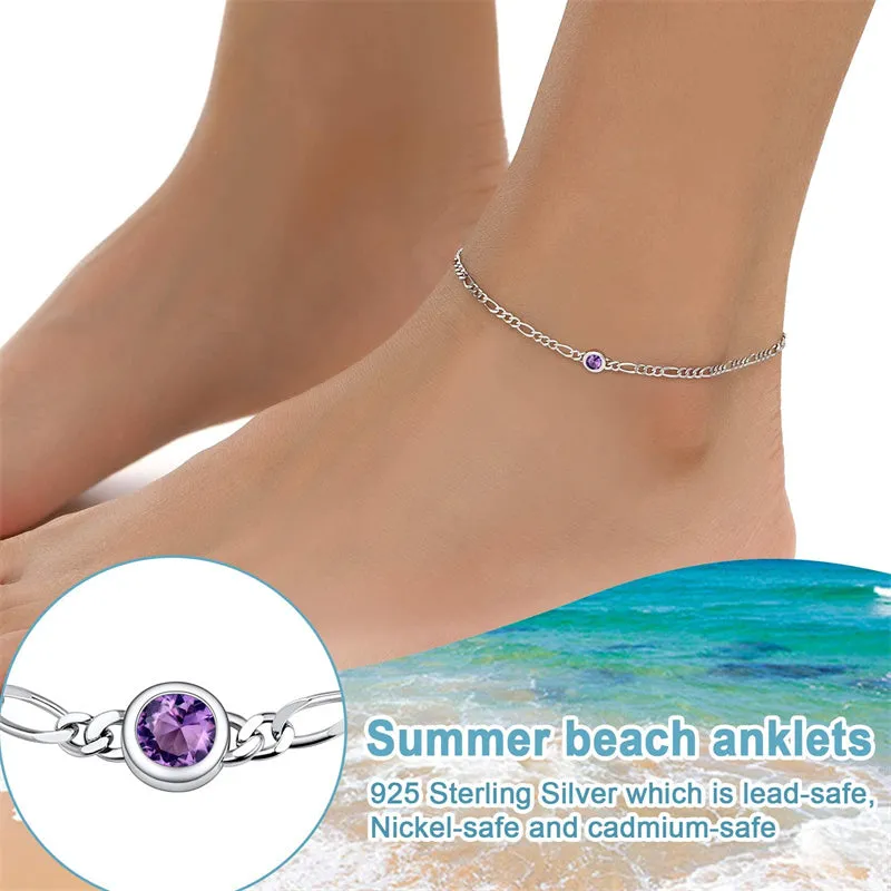 Figaro Anklets for Women, Sterling Silver Diamond Cut 3mm Link Chain Ankle Bracelet with Round Birthstone, Length 8.5-10.5