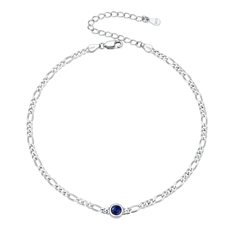 Figaro Anklets for Women, Sterling Silver Diamond Cut 3mm Link Chain Ankle Bracelet with Round Birthstone, Length 8.5-10.5