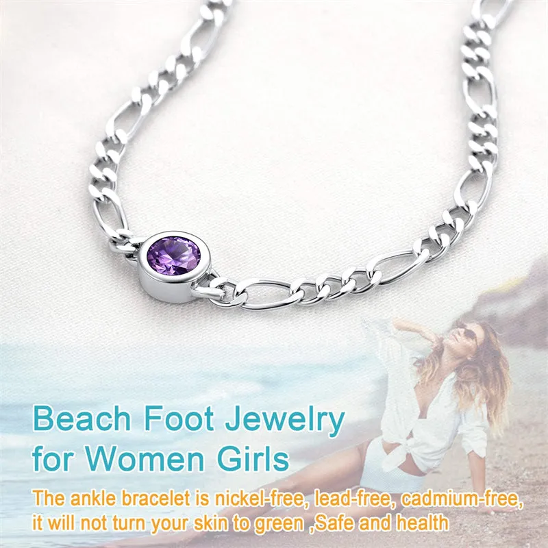 Figaro Anklets for Women, Sterling Silver Diamond Cut 3mm Link Chain Ankle Bracelet with Round Birthstone, Length 8.5-10.5