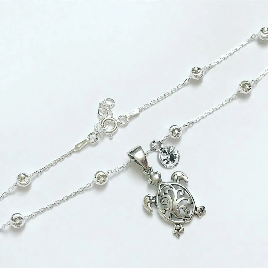 Filigree Turtle Anklet /Bracelet Sterling Silver Beaded Sea Turtle Charm Anklet/Bracelet Optional Birthstone