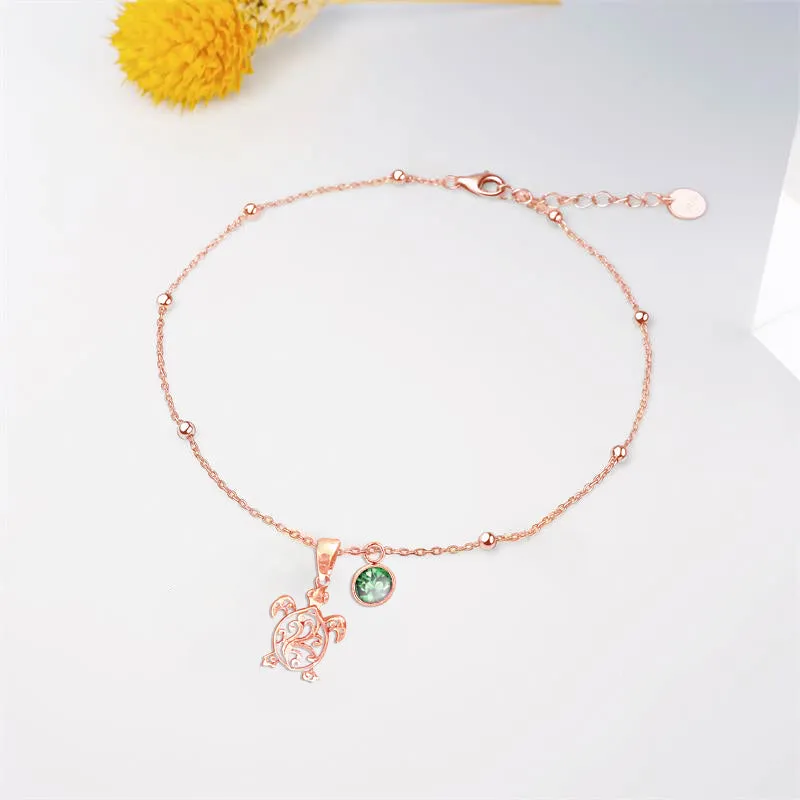 Filigree Turtle Anklet /Bracelet Sterling Silver Beaded Sea Turtle Charm Anklet/Bracelet Optional Birthstone