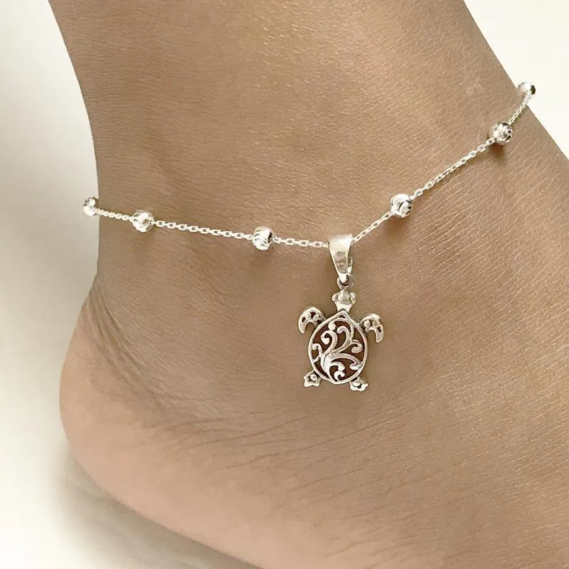 Filigree Turtle Anklet /Bracelet Sterling Silver Beaded Sea Turtle Charm Anklet/Bracelet Optional Birthstone