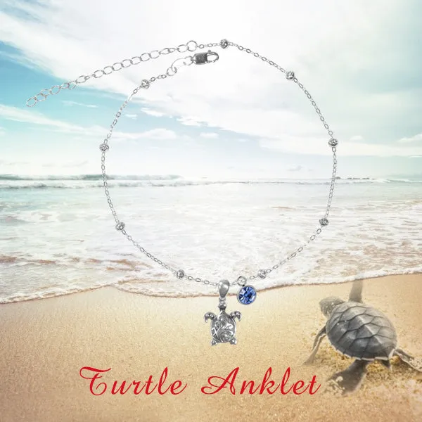 Filigree Turtle Anklet /Bracelet Sterling Silver Beaded Sea Turtle Charm Anklet/Bracelet Optional Birthstone