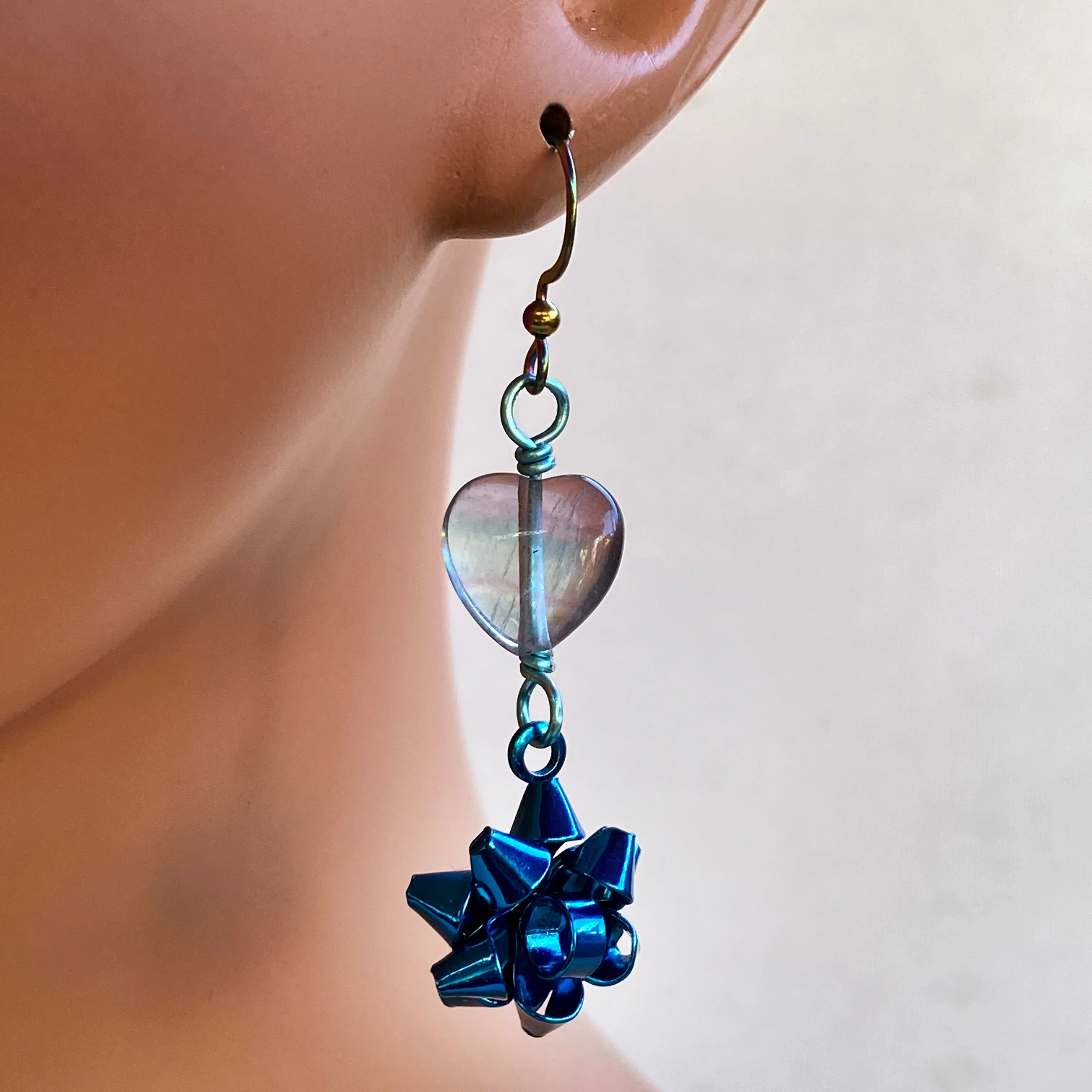 Fluorite Heart Christmas Bow Earrings