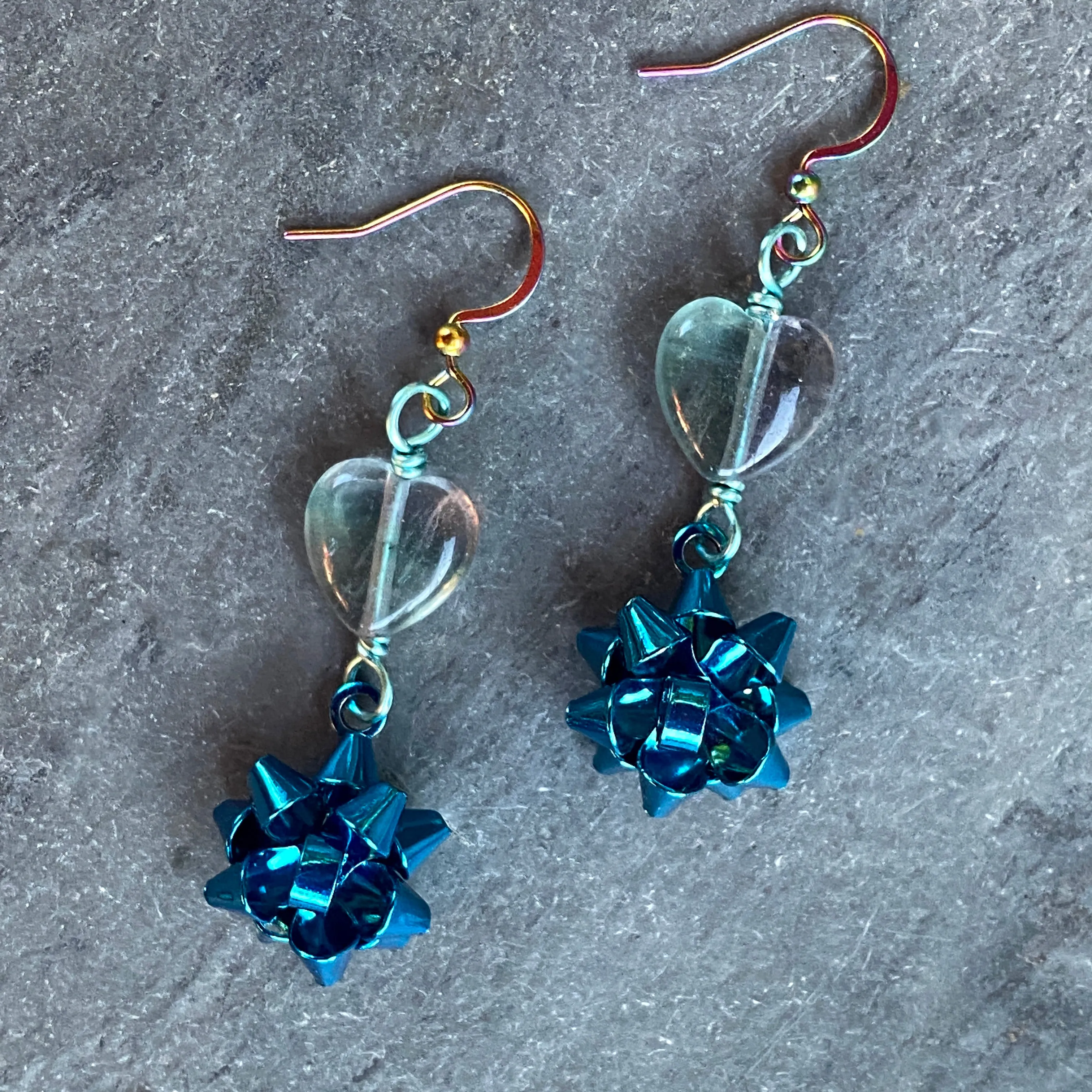 Fluorite Heart Christmas Bow Earrings