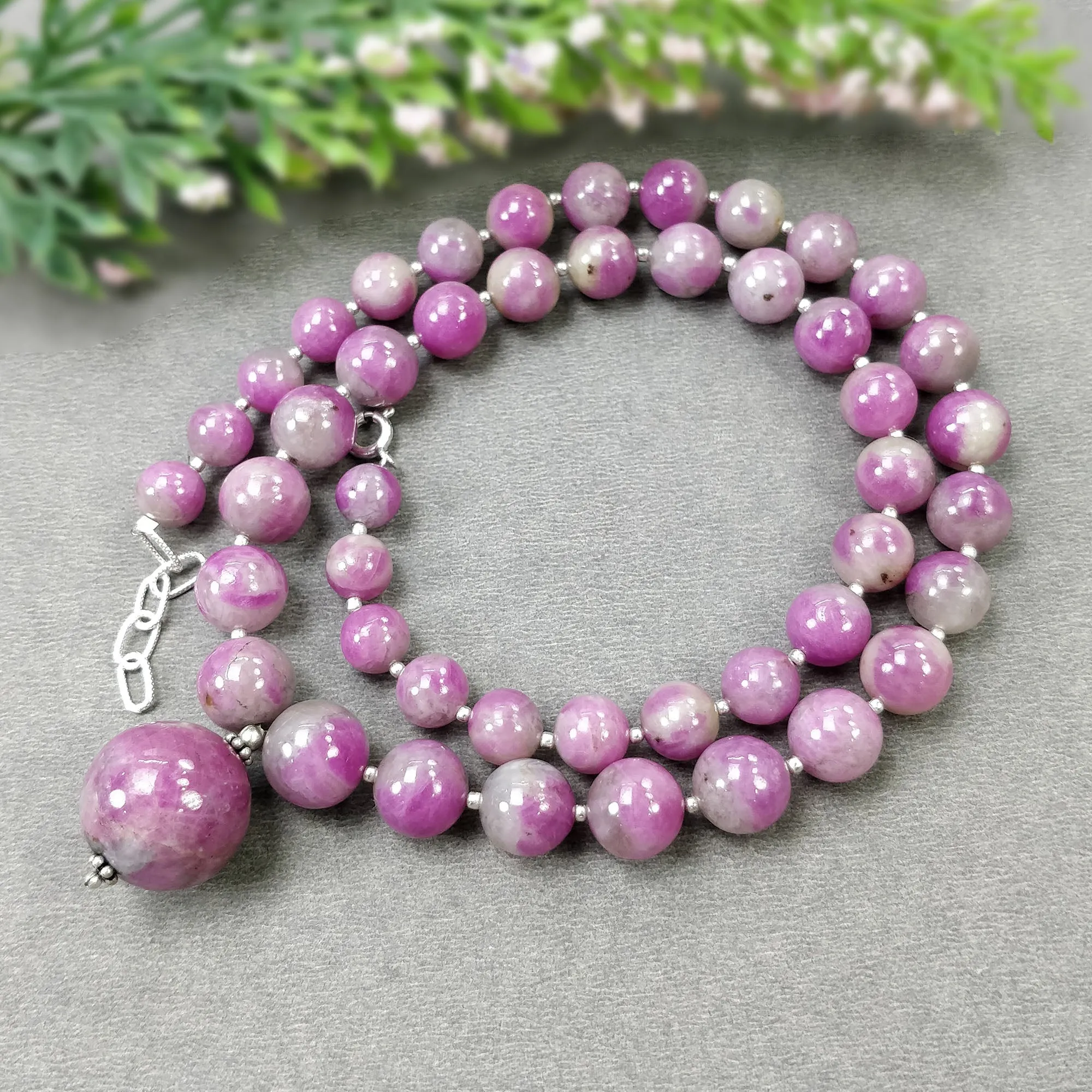 Global RUBY Gemstone NECKLACE: 341.95cts Natural Untreated Bi-Color Zoisite Ruby Balls With 925 Sterling Silver 7.5mm - 17mm 19"