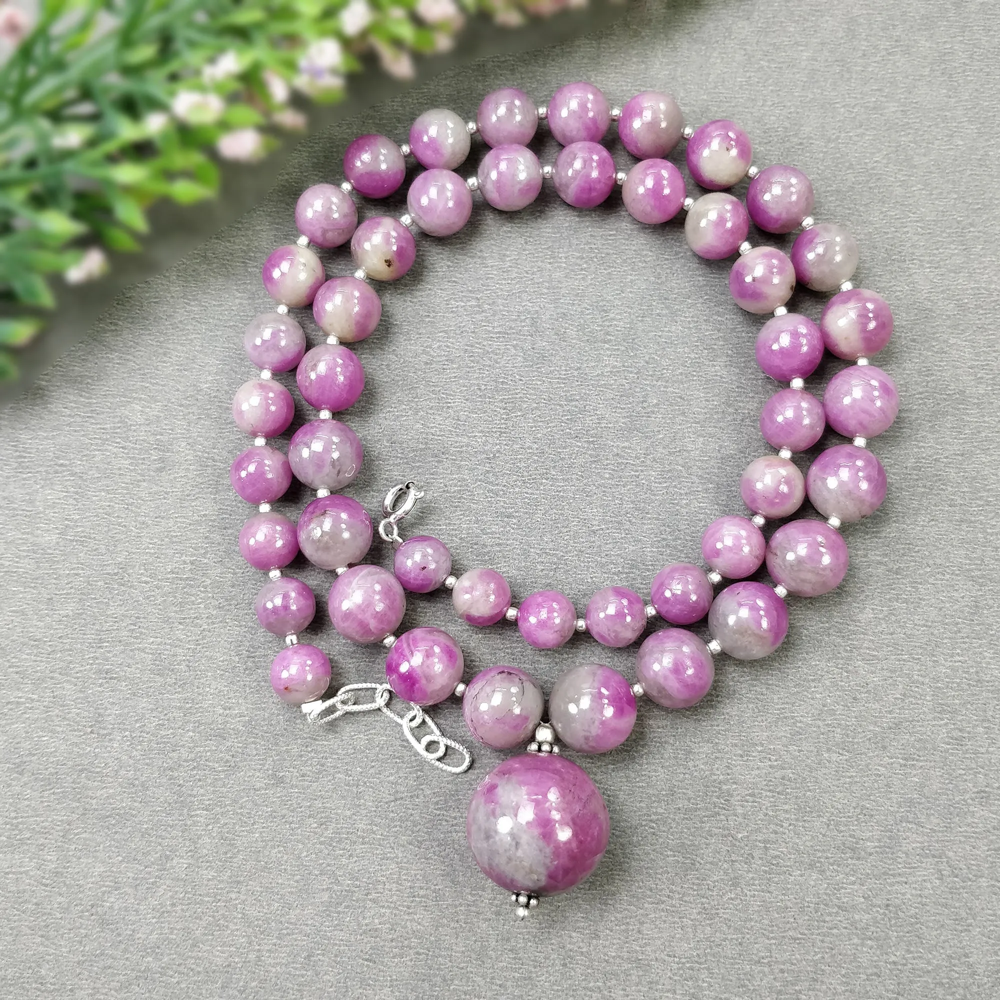 Global RUBY Gemstone NECKLACE: 341.95cts Natural Untreated Bi-Color Zoisite Ruby Balls With 925 Sterling Silver 7.5mm - 17mm 19"