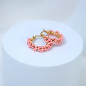 Gold Peach Color Beaded Hoop Earrings, Bridal Earrings, Wedding Guest Earrings, Statement Earrings.