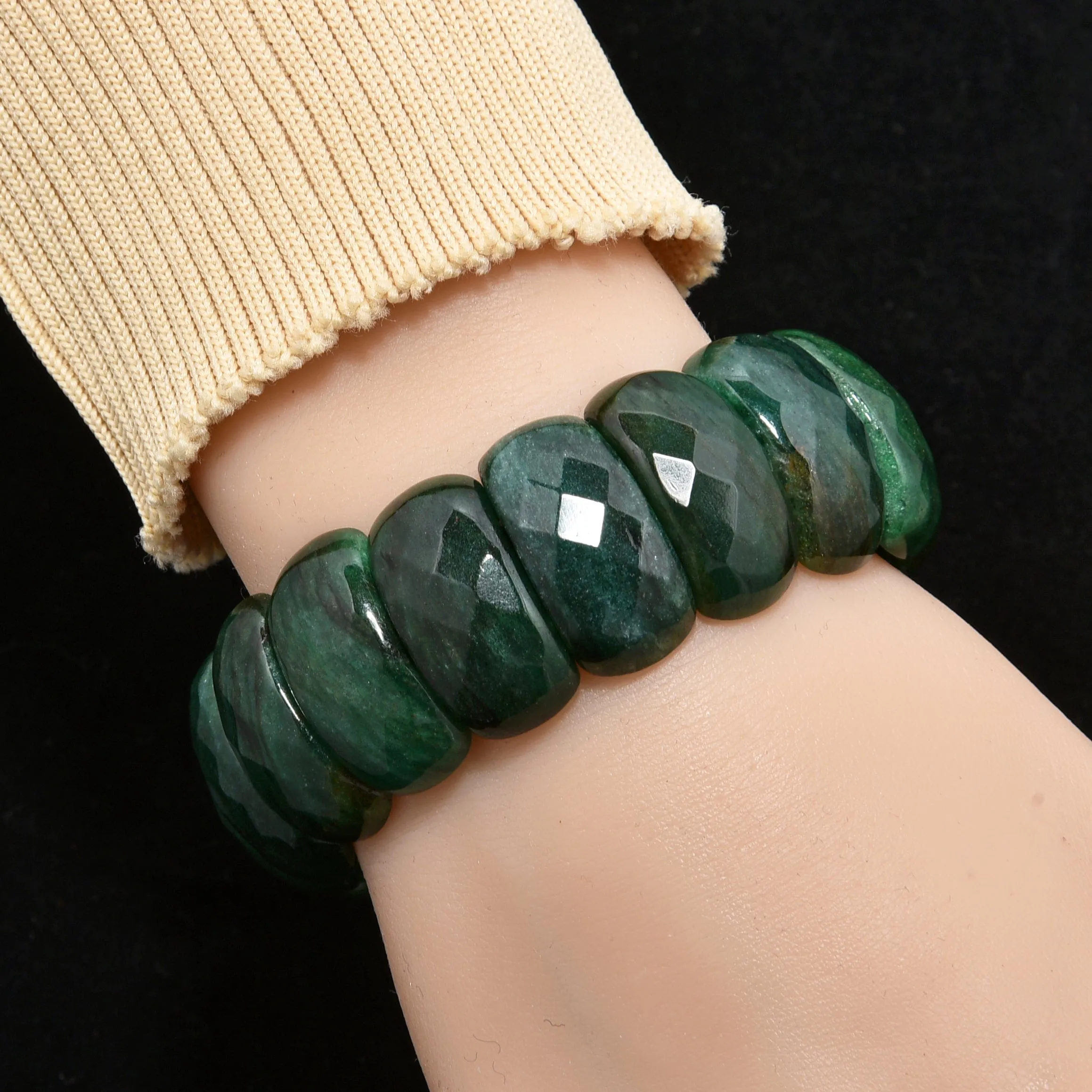 Green Jasper Faceted Gemstone Bead Elastic Bracelet