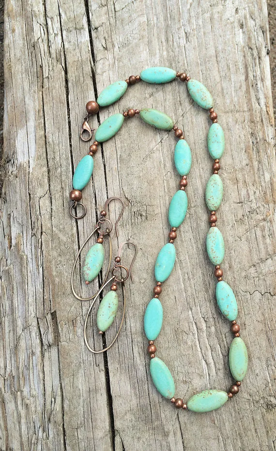 Green Turquoise Necklace, Southwestern Inspired Turquoise Necklace with Copper Accents