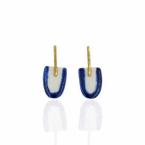 Handmade Porcelain Long Earrings in White and Blue