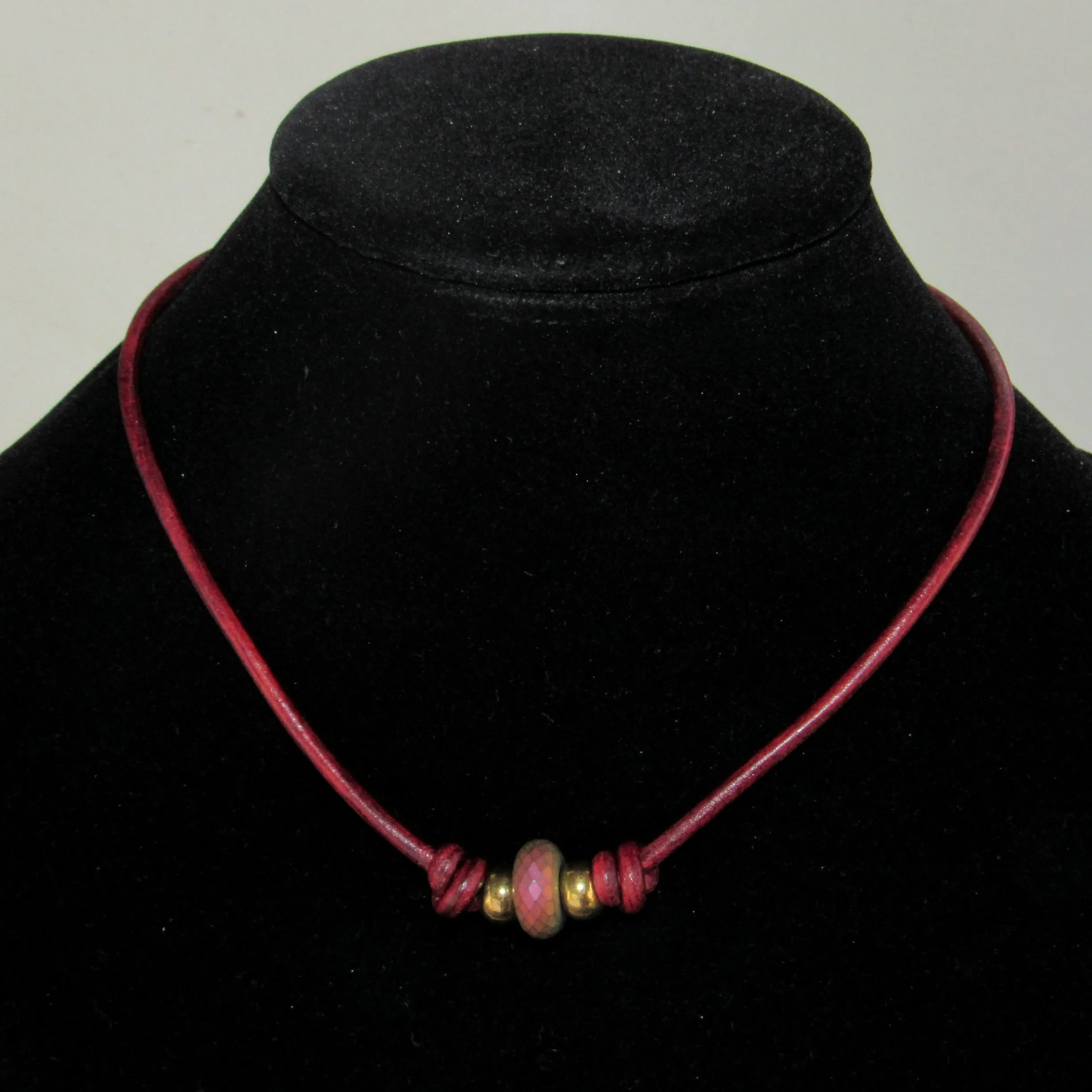 Hematite gemstone with Brass on Red Leather Necklace