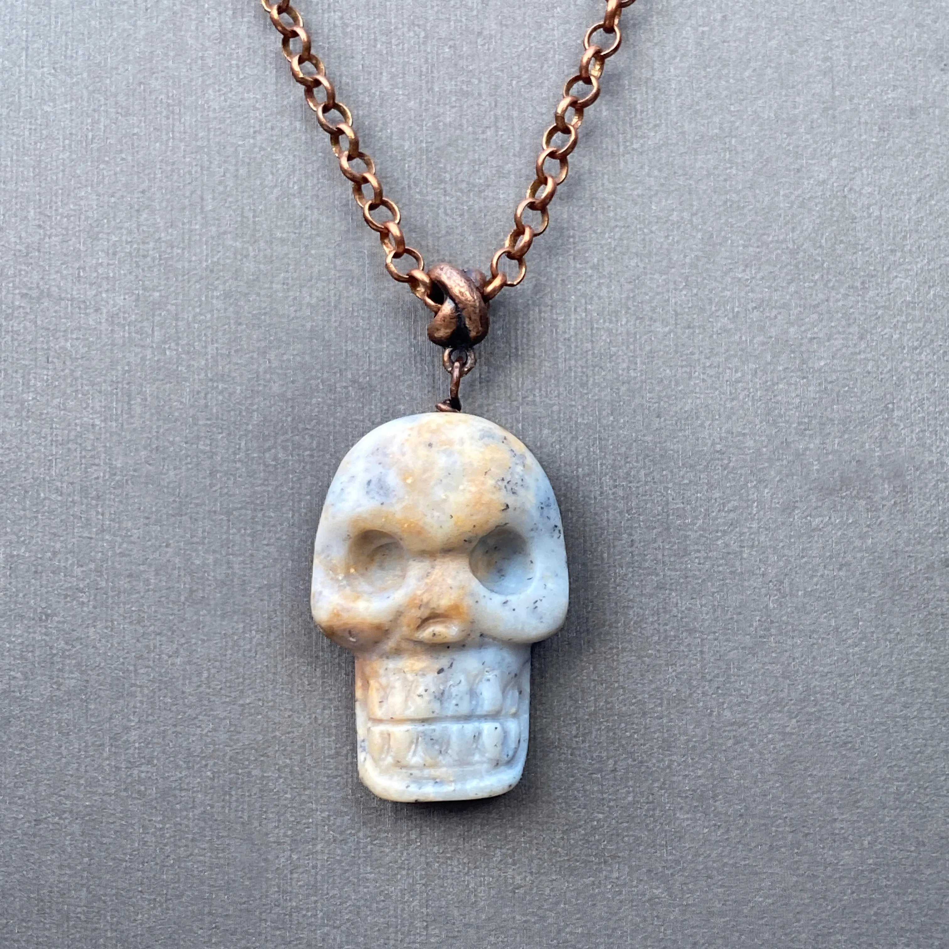 Ice Agate gemstone Skull on Copper chain necklace